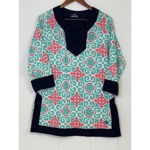 Simply Southern Women's Cotton Teal Pink Blue Swirl Notch Neck Tunic Top MEDIUM